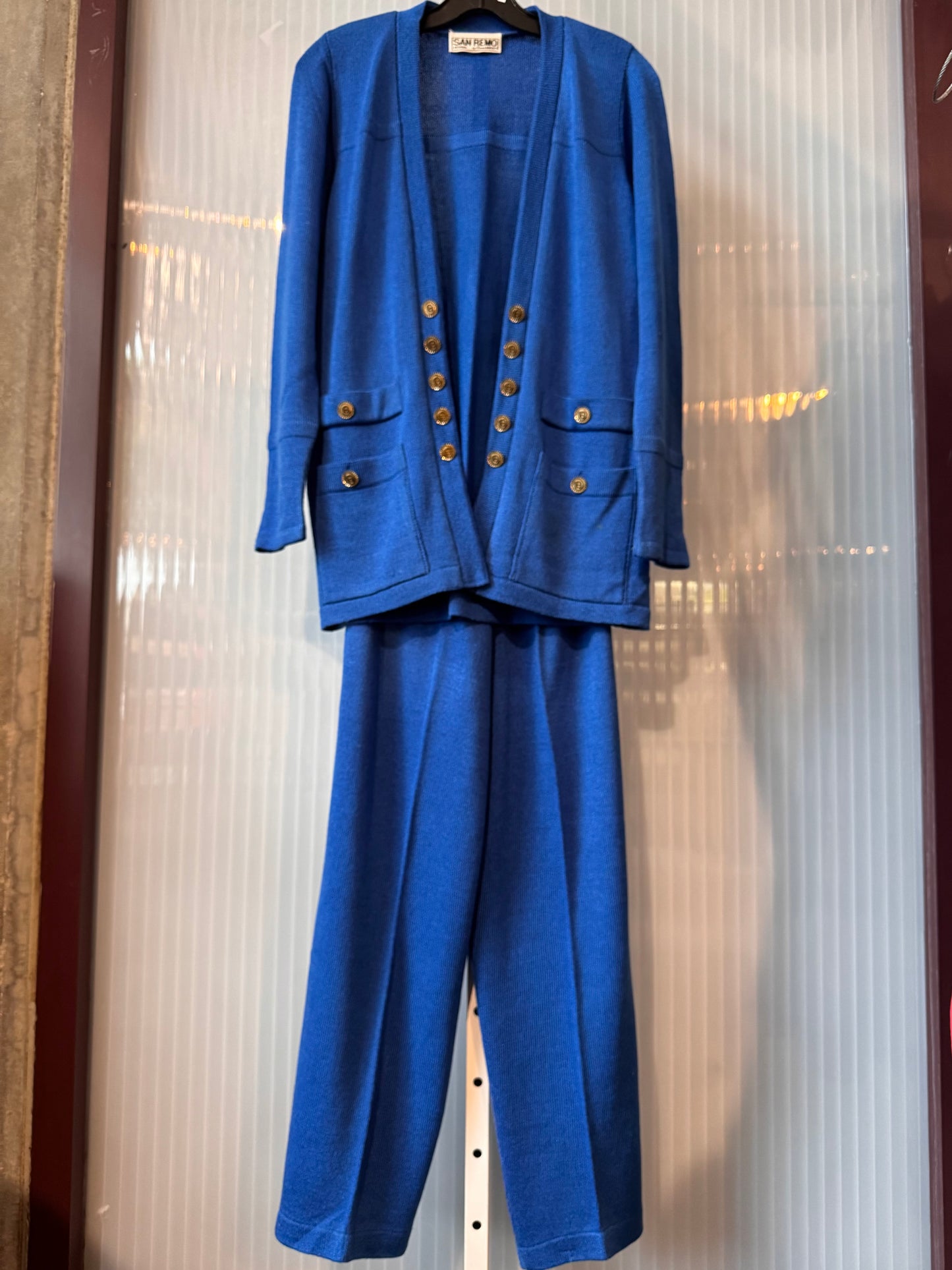 1980s Royal Blue Knit Cardigan + Pants Set