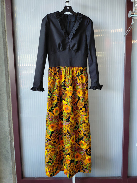 1970s Black Ruffled Floral & Paisley Print Empire Waist Gown