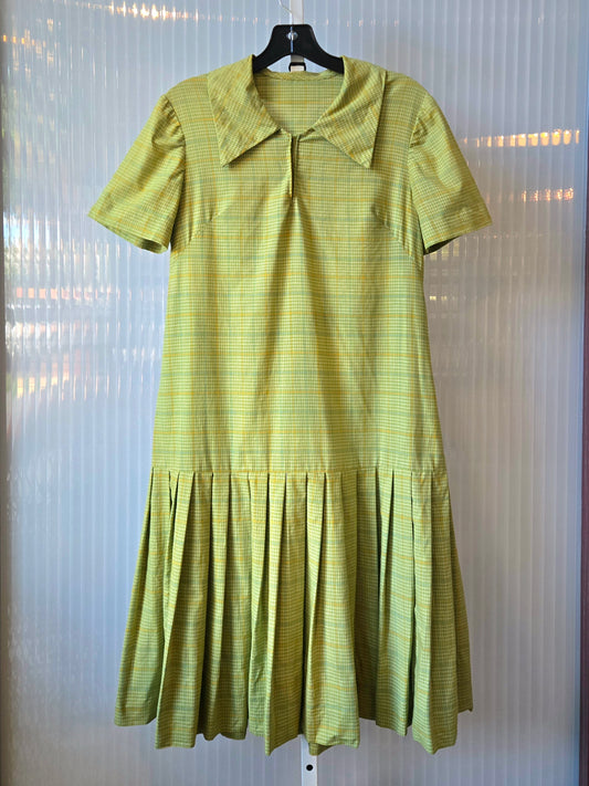 1960s Mod Green Plaid Pleated Drop Waist Dress