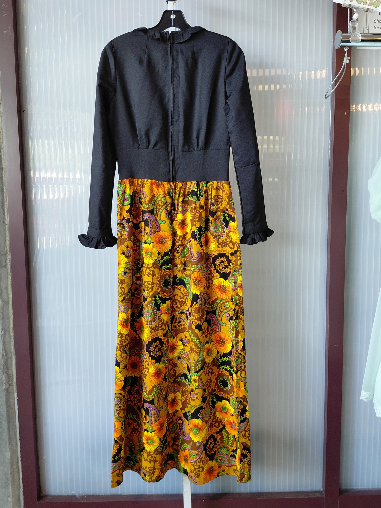 1970s Black Ruffled Floral & Paisley Print Empire Waist Gown